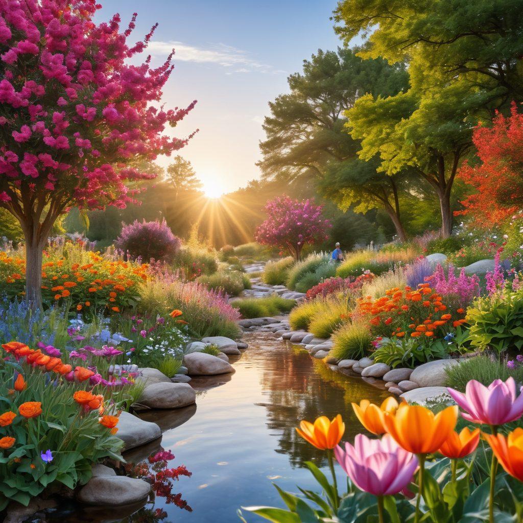 A serene landscape featuring a peaceful garden with vibrant flowers, symbolizing hope and healing. In the foreground, a diverse group of individuals engaged in uplifting activities like yoga and meditation, showcasing community support in cancer care. A gentle stream flows nearby, reflecting the sunrise, representing new beginnings and innovations in wellness. The sky is clear and bright, exuding positivity and empowerment. vibrant colors. super-realistic.