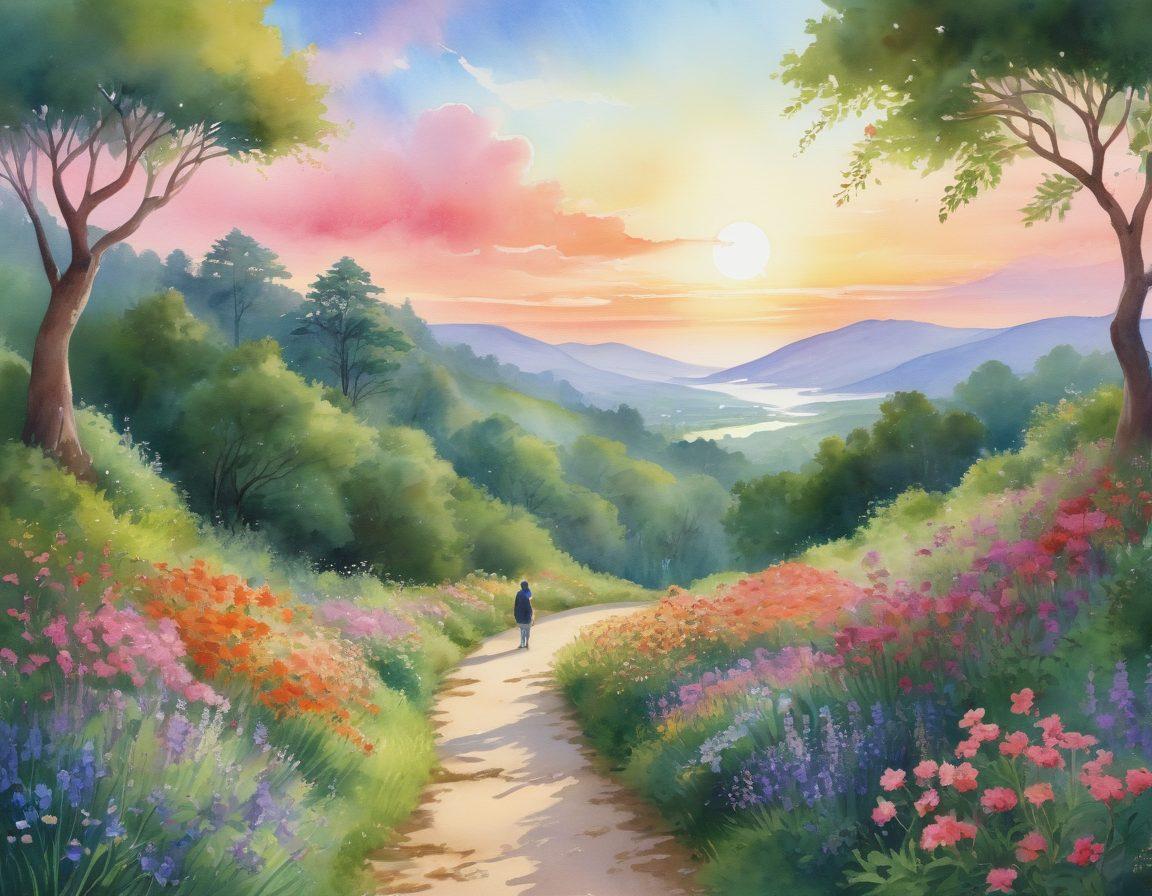 An ethereal landscape representing a journey through life, featuring a diverse group of people of varying ages walking along a winding path surrounded by lush greenery and blooming flowers. Illustrate symbols of holistic health, like fruits, herbs, and meditation objects, subtly integrated into the scene. The sky transitions from dawn to dusk, symbolizing hope and renewal. Warm, inviting colors to evoke a sense of community and healing. watercolor painting. vibrant colors.
